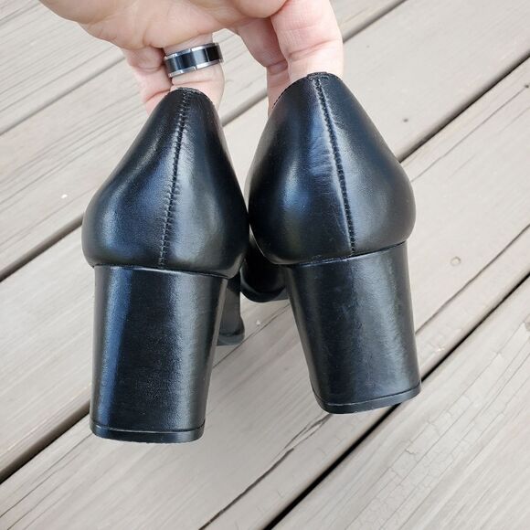 Vintage 90s y2k Black Leather Square Toe Chunky Heel Slinky Heeled Loafers 9 - Picture 6 of 9